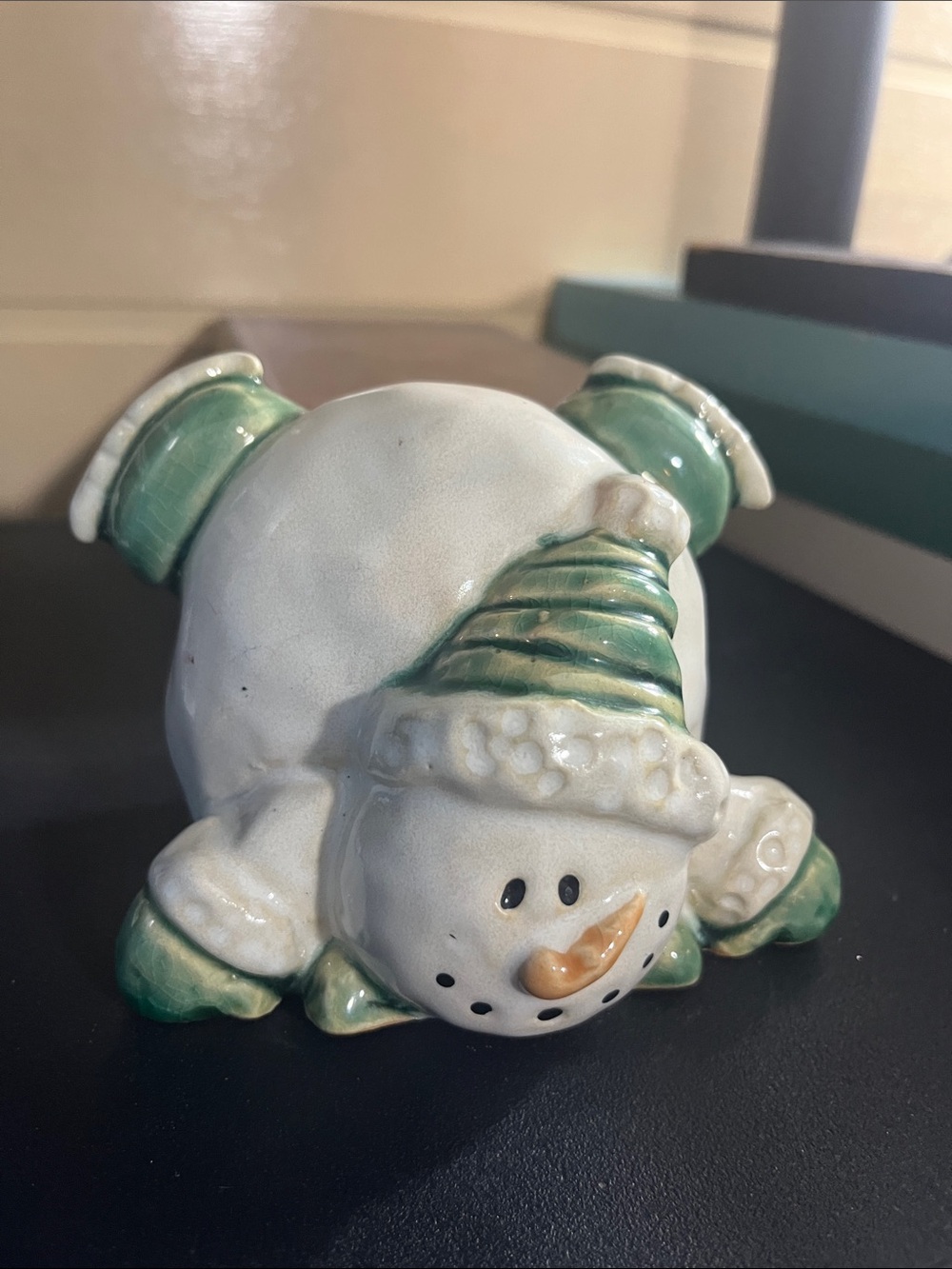 Holiday Ceramic Snowman Figurine in Green - Brand Belly flop sliding snowman 632